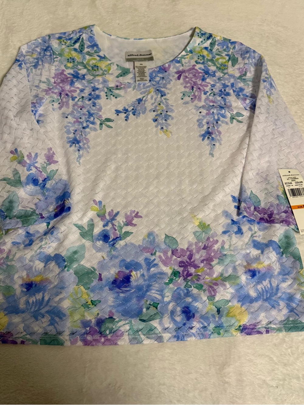 Alfred Dunner Petite PS Floral Top Aquamarine Blue Purple Embellished NWT